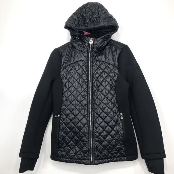 MICHAEL Michael Kors Black Quilted Scuba Side Hooded Zip Up Jacket - Picture 1 of 13
